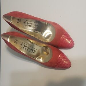 Bruno Magli Red Suede and Reptile Leather Heels